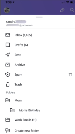 Image of folders in the Yahoo Mail app.